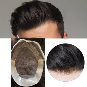 Kolor 1B trwała baza Mono OQTAGON męski System wymiany włosów z PU wokół koronki przodu 6 quot tupecik z ludzkich włosów Mono peruka dla mężczyzn tanie i dobre opinie M H HAIRWORLD CN (pochodzenie) Dziewiczych Ludzkich Włosów Proste średni rozmiar handtied Thin Skin Around Toupee hair toupees for men