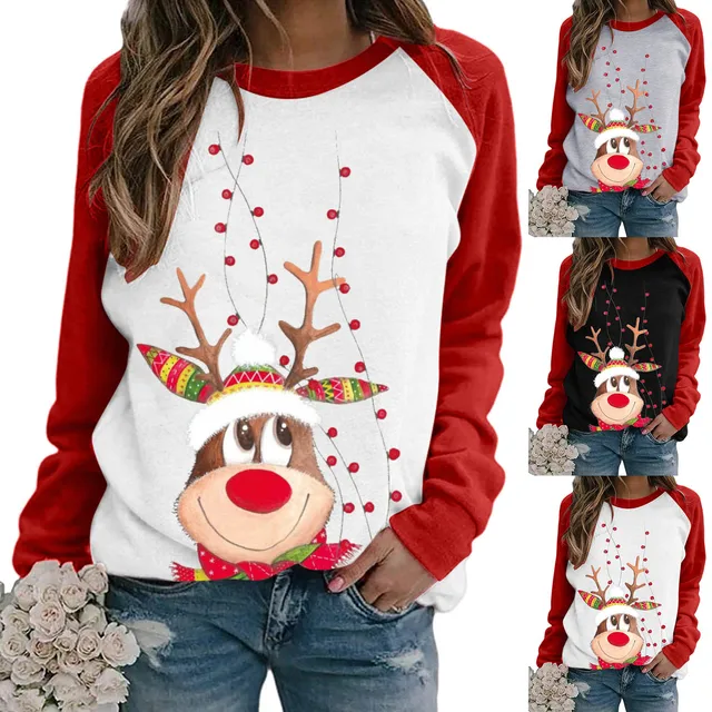 Funny Cute Elk Printing Long Sleeve Christmas Women T-Shirt