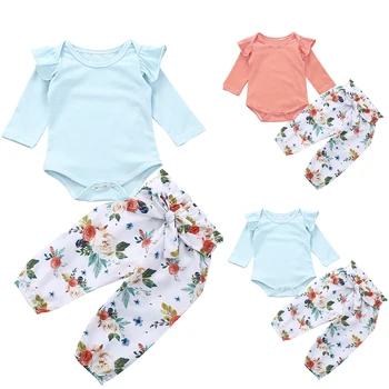 

2020 Baby Spring Autumn Clothing Cute Newborn Baby Girls Kids Striped Long Sleeves Bodysuits Sash Flower Pants Clothes 0-24M