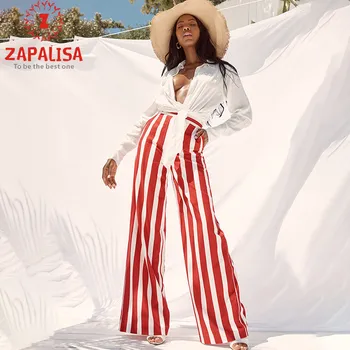 

Zapalisa High Waist Wide Leg Pants Women Fashion Vertical Red White Stripes Print Pocket Decor Streetwear Chiffon Pants