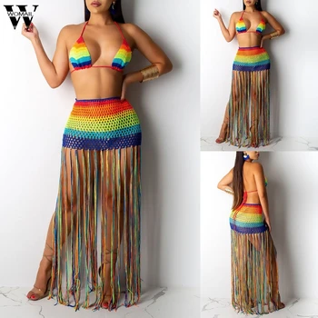

Womail tracksuit Boho Summer 2 Piece Set Women OutfitSexy Crop Top Hollow Out Skirt Set 2020 Tassel Tracksuit See Through Beach