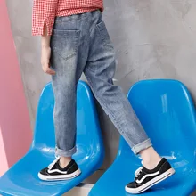 Джинсы для девочек, весна-осень, стиль, свободные женские джинсы с принтом, детские джинсы, брюки большого мальчика