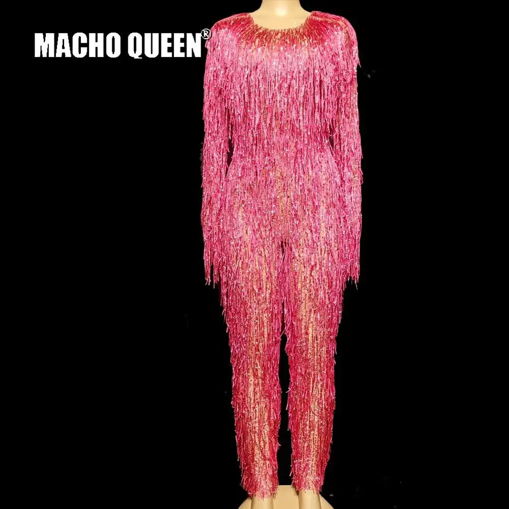 1909304502 Halloween Drag Queen Costumes Red Fringe Bodysuit Carnival Jumpsuit Performance Stage Show Burning man Outfits - Цвет: 1909304502