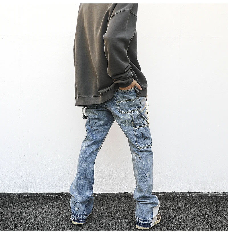 Mens Jeans Distressed Splash Ink Flare Jeans Urban Streetwear Patch Graffiti Wide Hip Hop Washed Blue Slim Fit Denim Pants men jeans,mens jeans,jeans trousers,denim trousers,washed jeans
