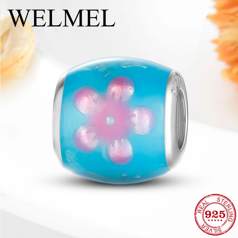 

Spring Blossom Blue Enamel Beads 925 Sterling Silver Pink Flower Charm Fit Pandora Silver 925 Original Bracelet Bead DIY Jewelry