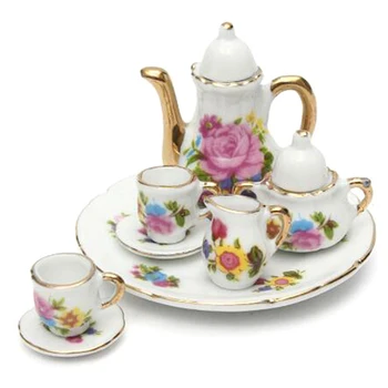 

8pcs Dollhouse Miniature Dining Ware Porcelain Tea Set Dish Cup Plate -Pink Rose