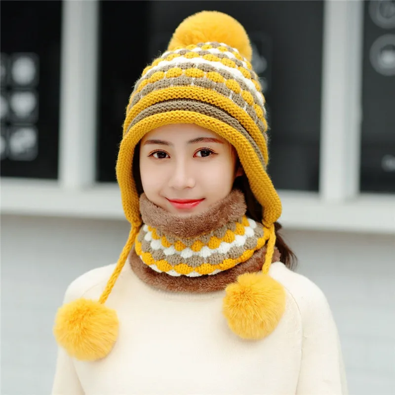 ball yellow Женские зимние толстые вязаные шапки, шарфы, набор плюшевых воротников, теплая шапка-ушанка, шерстяной шарф, комплект из двух предметов для мужчин - Color: ball yellow