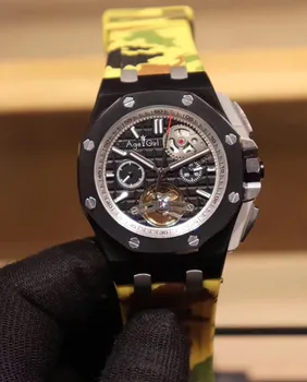 

Classic New Men Automatic Mechanical Yellow Camouflage Rubber Blue Black Watch Sapphire Glass Back Tourbillion Wristwatch