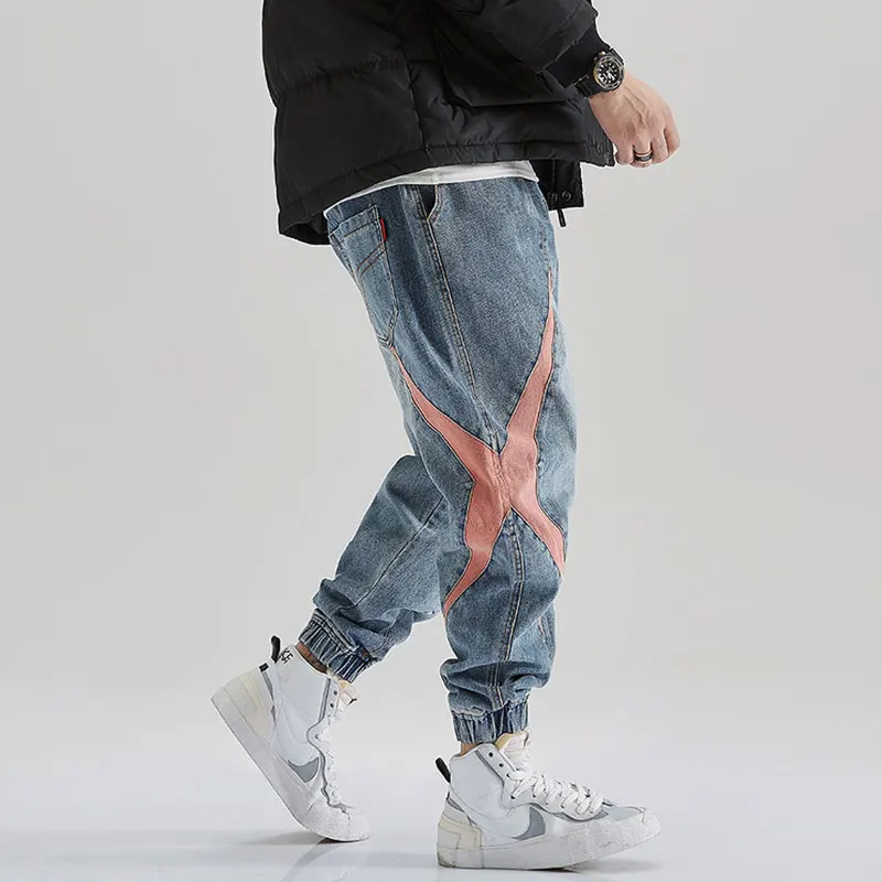 

Fashion Streetwear Men Jeans Loose Fit Retro Blue Printed Designer Denim Cargo Pants Harem Trousers Spliced Hip Hop Jeans Men