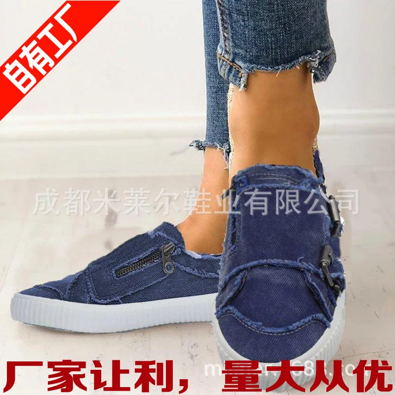 

Large Size 2019 New Hot Selling Metal Buckle Ride Zipper Flat Canvas Shoes 34-43