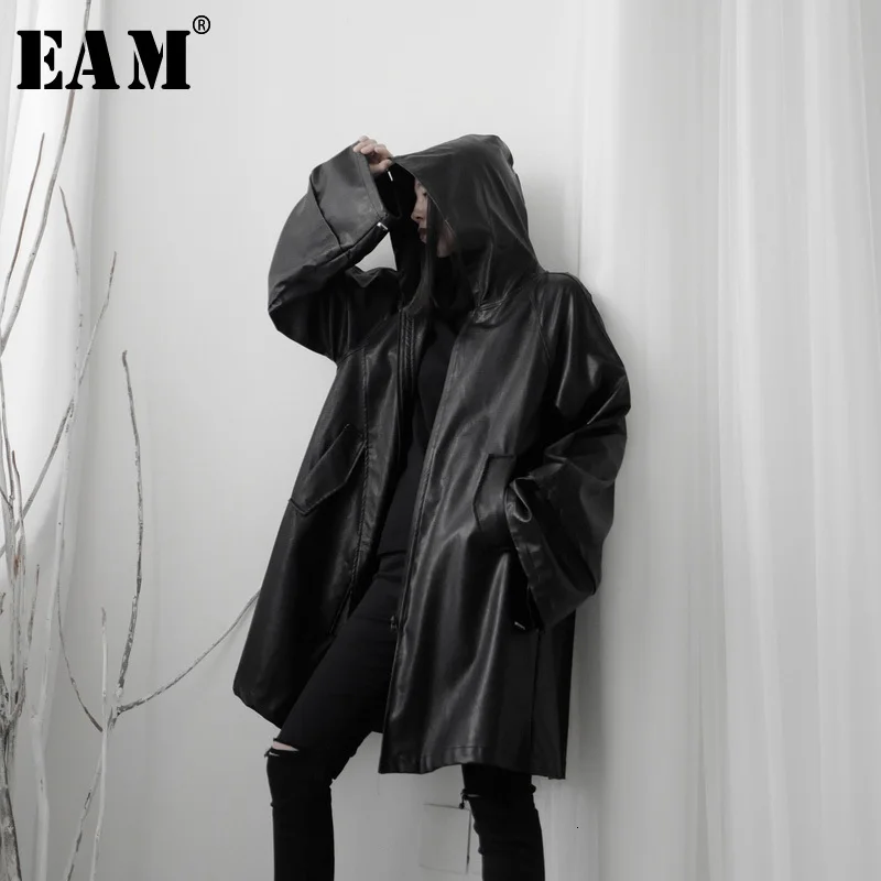 

[EAM] Loose Fit Black Brief Big Size Pu Leather Jacket New Hooded Long Sleeve Women Coat Fashion Autumn Winter 2020 19A-a585