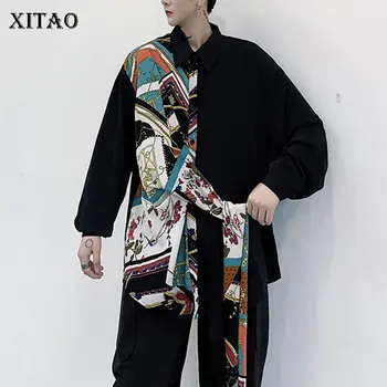 

XITAO Korean Style Personality Print Patchwork Full Sleeve Ribbon Loose Black Shirt 2020 Spring Autumn Casual Top Women DMY3947
