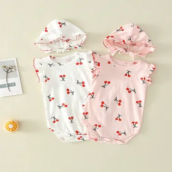 

Summer Cute Baby Girls Romper Bodysuit With Hats Cherry Printed Outfits Sunsuit Set New 0-24M Baby Kids Clothes Set 2pcs