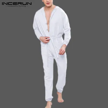

INCERUN Leisure Solid Jumpsuits Sleepwear Men Long Sleeve Buttons Hooded Drawstring Rompers Nightgown Loose Pockets Homewear 5XL