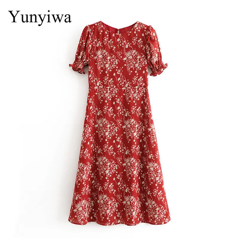 2020 Women's New Retro Printed Bubble Sleeve Crewneck Dress Women Dresses Summer Sexy Party Long Maxi Elegant Vestidos | Женская