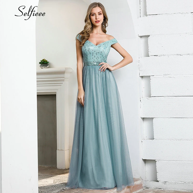 

Sparkle Blue Maxi Dress A-Line Double V-Neck Sequined Sleeveless Striped Tulle Elegant Summer Party Dress Vestidos De Verano
