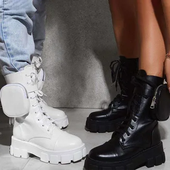 

Women's Boots Pocket Lace Up Ladies Ankle Boots Female Combat Army Boots Chunky Heel Zipper Short Boot Woman Platform Shoes New