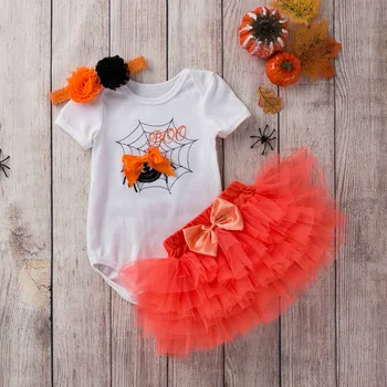 

Toddler Girls Halloween Spider Web Embroidery Romper Pink Skirt Clothing Sets Baby's Sets girl winter clothes baby clothing