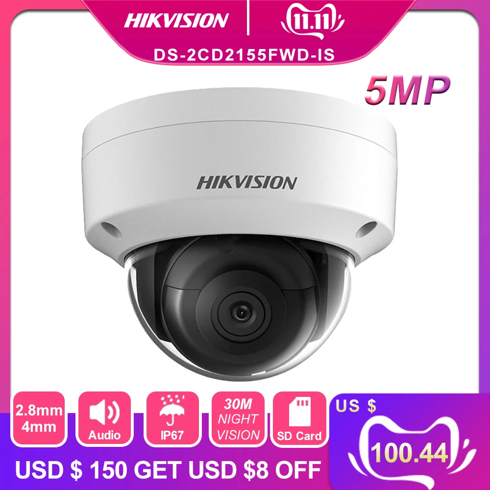 Hikvision Оригинальная камера видеонаблюдения 5MP уличная Крытая купольная ip-камера POE