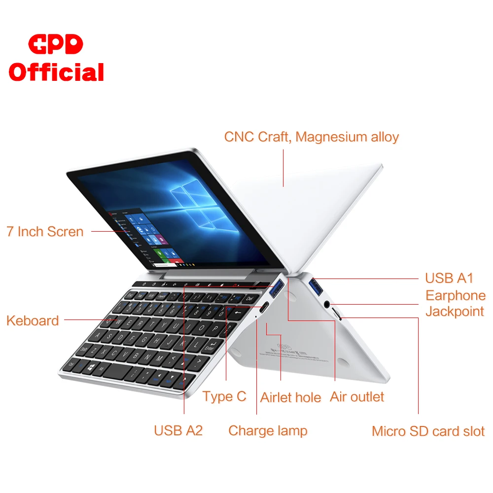 GPD Pocket 2 8GB 7 Inch Touch Screen Mini PC Pocket Laptop UMPC Intel Celeron CPU 3965Y Windows 10 System 8GB/128GB( Black)