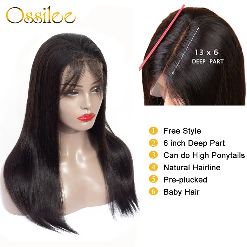 Ossilee 13x6 парик на кружеве прямые человеческие волосы парики для женщин 150% плотность бразильские волосы remy парик на шнурке