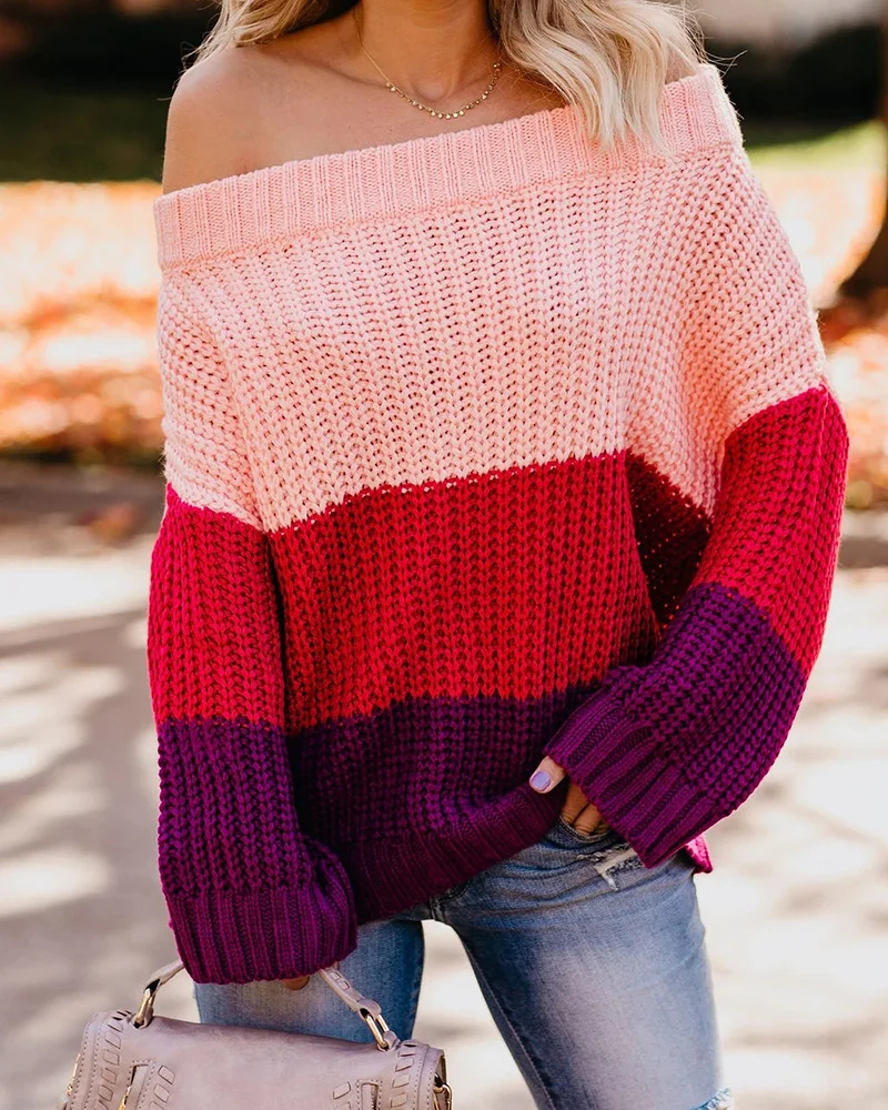 

Off Shoulder Women's Oversize Sweater Patchwork Bohemian Pullover Knitted Jumper Holiday Slim Sweaters Women Clothes
