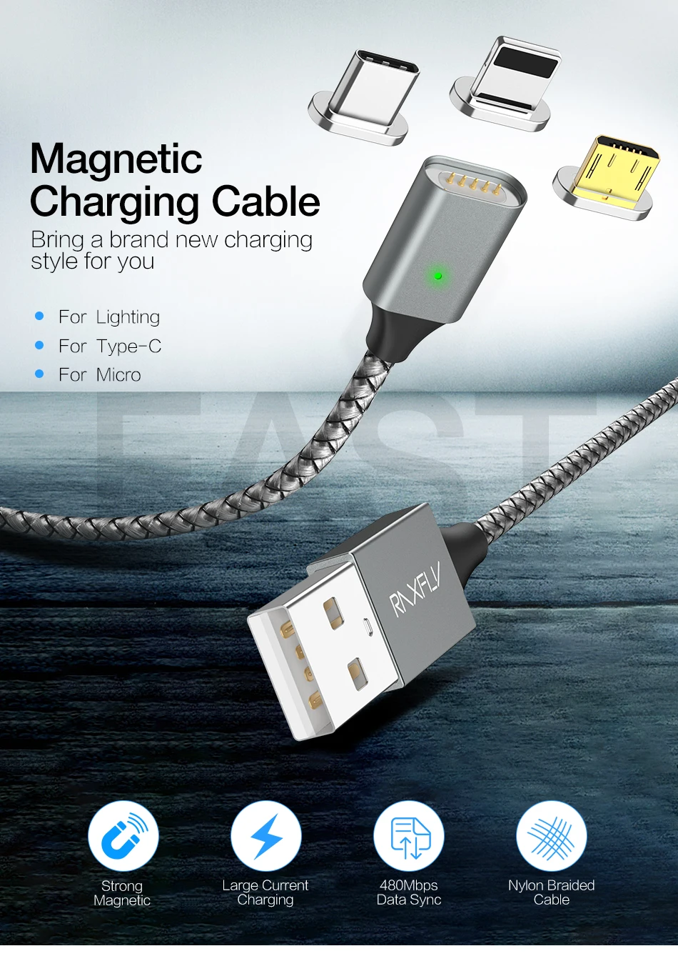 Магнитный зарядный usb-кабель RAXFLY для iPhone X XS 11 7 XR, Магнитный зарядный кабель Micro USB type C для huawei P20 P30