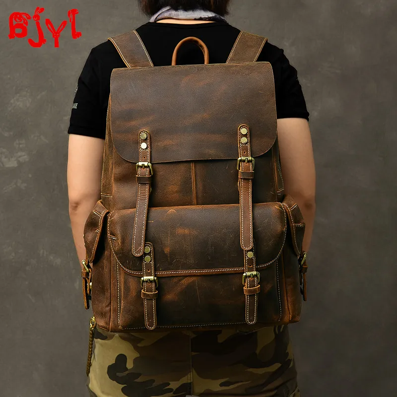 Free Shipping  Retro tide crazy horse leather Men backpack male schoolbag genuine leather large capacity 15.6-inch