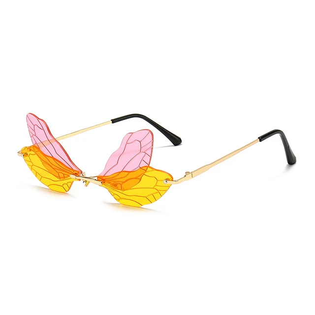 SO EI Fashion Rimless Dragonfly Wing Sunglasses Women Vintage Clear Ocean Lens Eyewear Men Pink Yellow