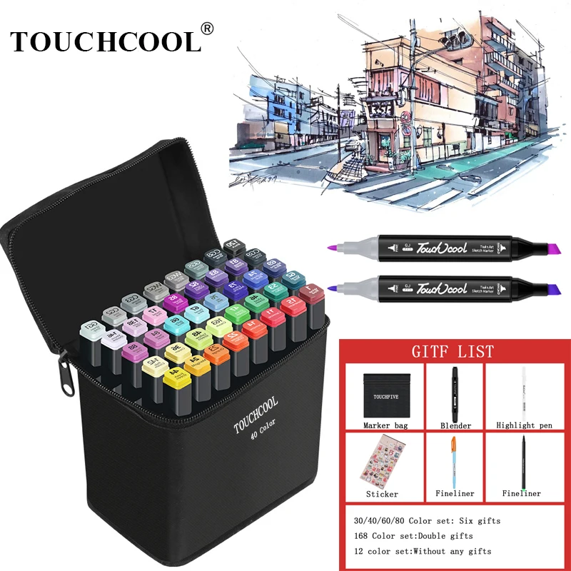 

TOUCHCOOL 30/40/60/80 Color Sketch Marker Alcohol Markers Art Drawing Manga Dual Tips Marker Pen Set Black Body Art Supplier