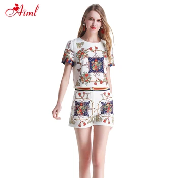 

Fashion Runway Summer Women's O-Neck Blouses + Vintage Floral Print Casual Pants Sets Temperament Elegant Female Two Piece Set