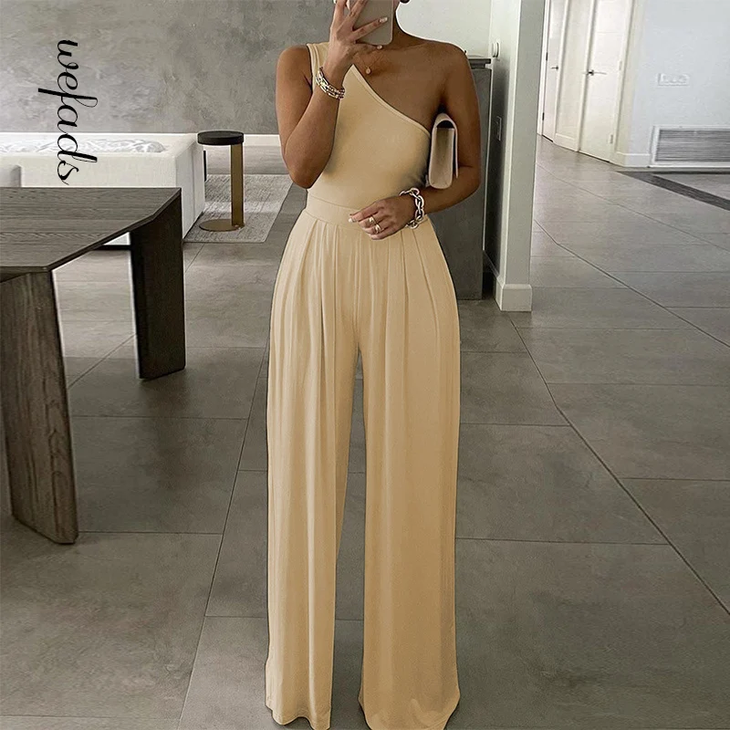 Wefads Women Jumpsuit Summer Sexy One Shoulder Bodysuit Bodycon Romper 2021 Elegant Office Soild Sleeveless pink sweat suits