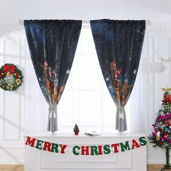 

Grommet / Rod Pocket Santa Curtain And Reindeers Printed Curtain Christmas Decoration Blackout Window Panel Curtain Bedroom