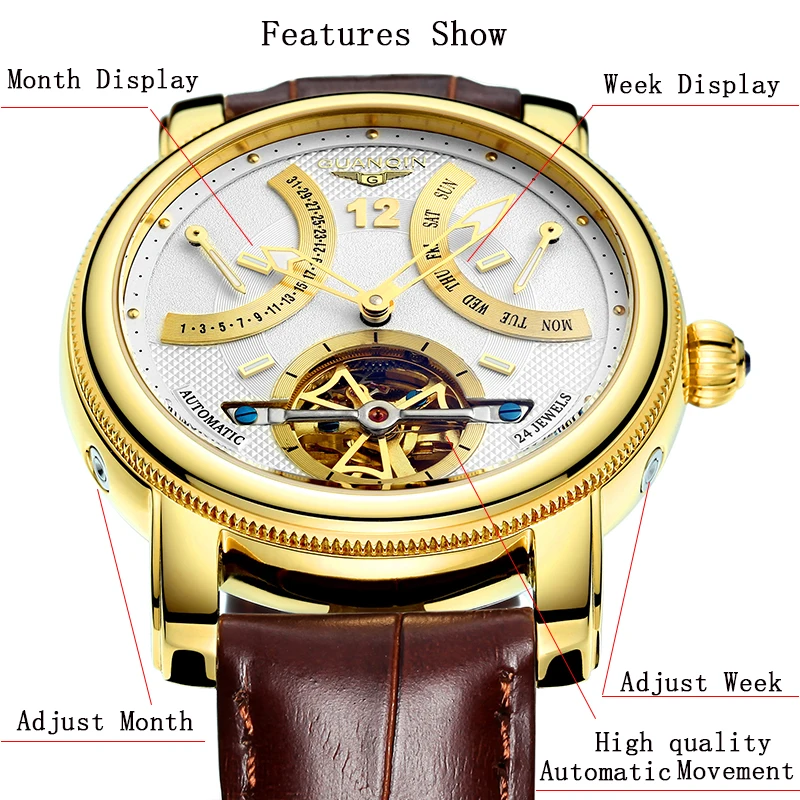 GUANQIN Мужские механические часы Tourbillon автоматические часы водонепроницаемые золотые брендовые роскошные часы Стальные деловые наручные часы