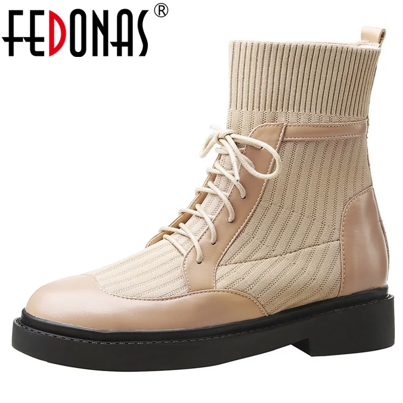 

FEDONAS Patchwork Genuine Leather Knitting Women Ankle Boots Warm Stretch Boots Fashion Chelsea Short Boots Dancing Shoes Woman