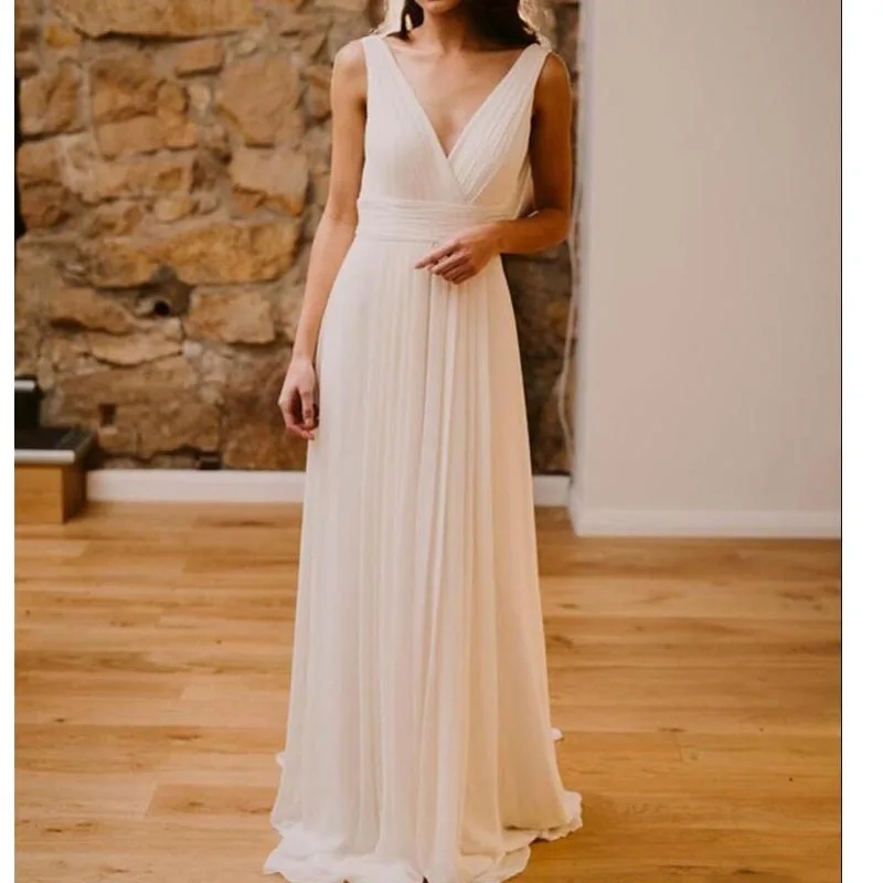 

Women's Simple V-neck Chiffon Bridesmaid Dress 2023 Sweep Train Ruffle Evening Dress Formal Party Gowns Wedding Party