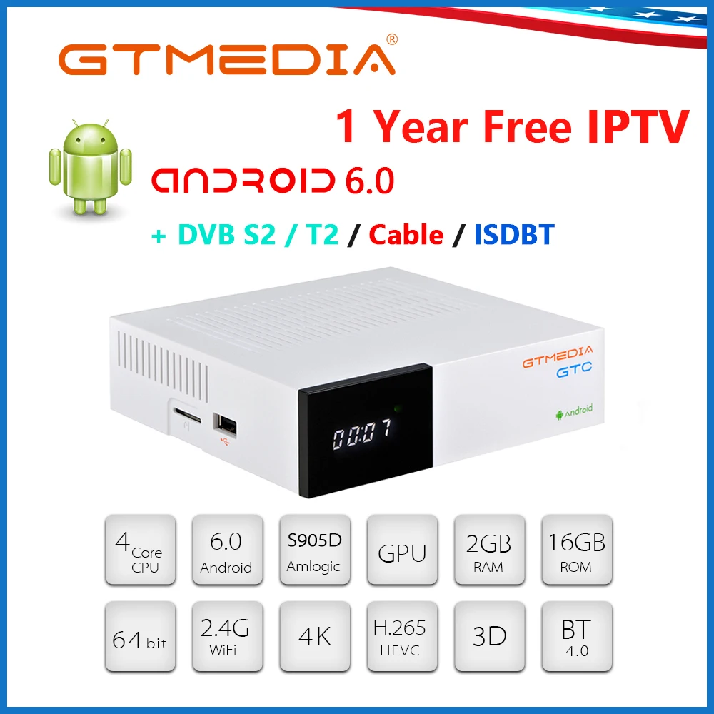 GTMEDIA GTC Smart tv BOX Android 6,0 DVB-T2/S2/кабель ISDBT 2 ГБ/16 ГБ+ 1 год IP tv CCCAM H.265 4K 2,4 ГГц WiFi PK H96 Android tv BOX