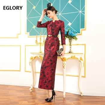 

High Quality Brand New 2020 Spring Bodycon Party Evening Women Vintage Jacquard Prints 3/4 Sleeve Ankle Long Dress Plus Size