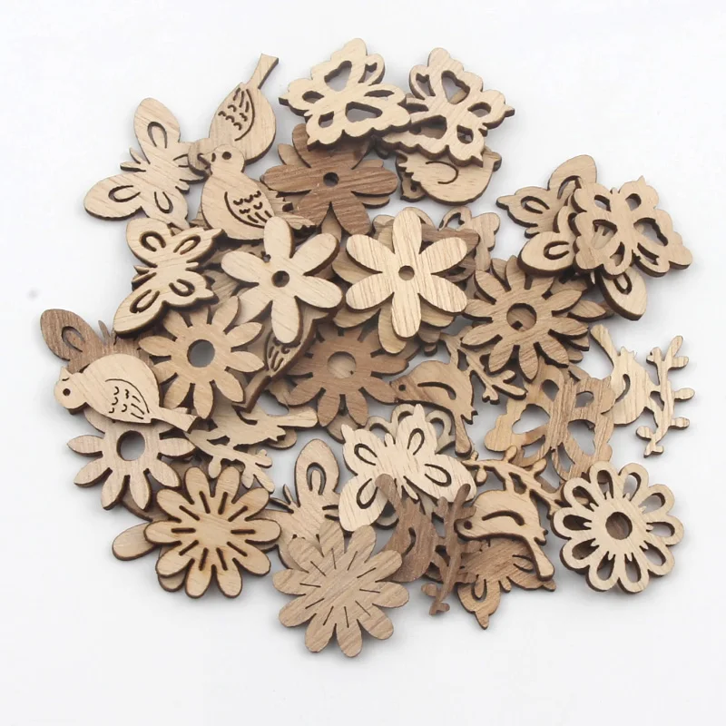 20pcs Mix Natural Wood Chips Bird Butterfly Flowers Wooden DIY Crafts  Christmas Tree Hanging Ornaments Wedding Party Home Decor