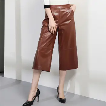 

2019 Autumn winter women's real leather wide-leg pants Fashion women sheepskin high quality high-waist leather Capri pants A838