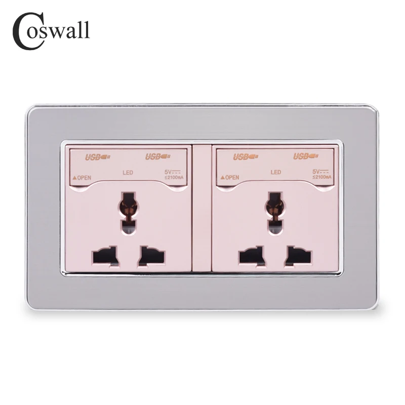COSWALL 2 банды 13A универсальная настенная розетка+ 4 USB порта для зарядки с светодиодный индикатором панель из нержавеющей стали с пыленепроницаемой крышкой
