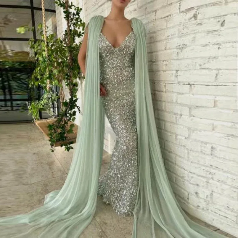 Mint Long Evening Dresses Sequin vestidos de fiesta Elegant Chiffon Mermaid Evening Dress Gowns Backless robes de soirée plus size evening dresses