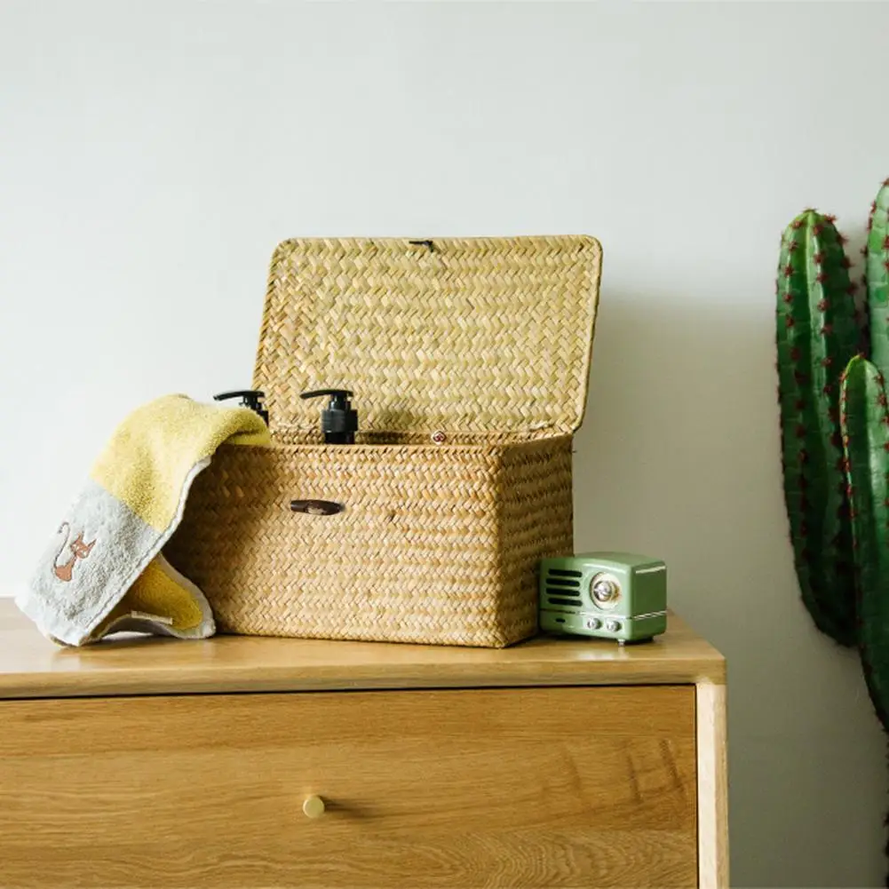 Ручная работа соломенная плетеная корзина для хранения с крышкой Органайзер для макияжа коробка для хранения Seagrass корзины для белья ротанговая шкатулка для ювелирных изделий