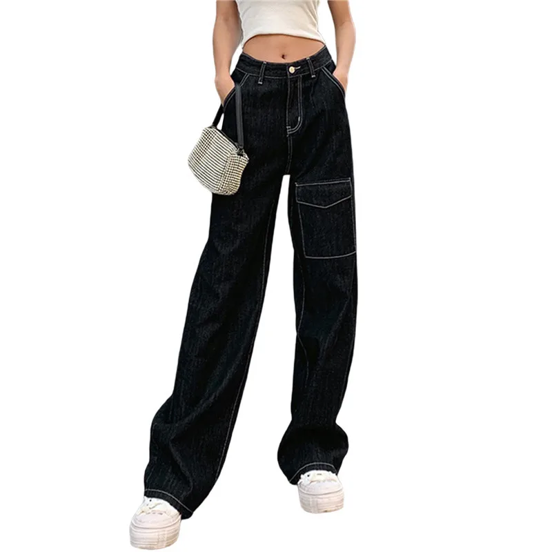 

Women's Jeans Pockets Straight Baggy Denim Jeans Women High Waist Pant Casual Loose Cargo Pant Straight Wide Leg Trouser