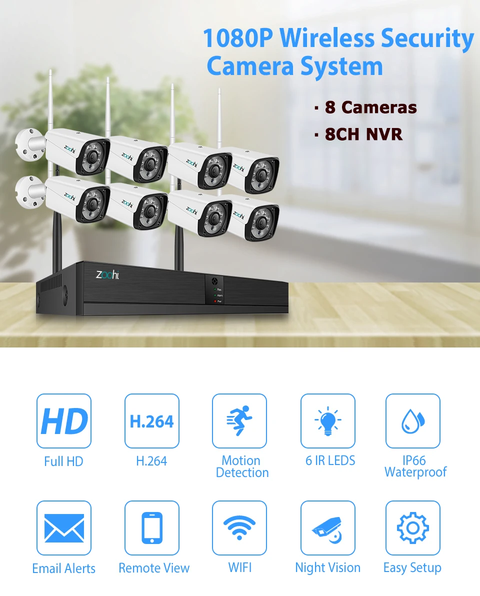 Zoohi система видеонаблюдения 1080P 2MP CCTV система камер домашней безопасности 8CH наружная wifi камера система безопасности ночное видение