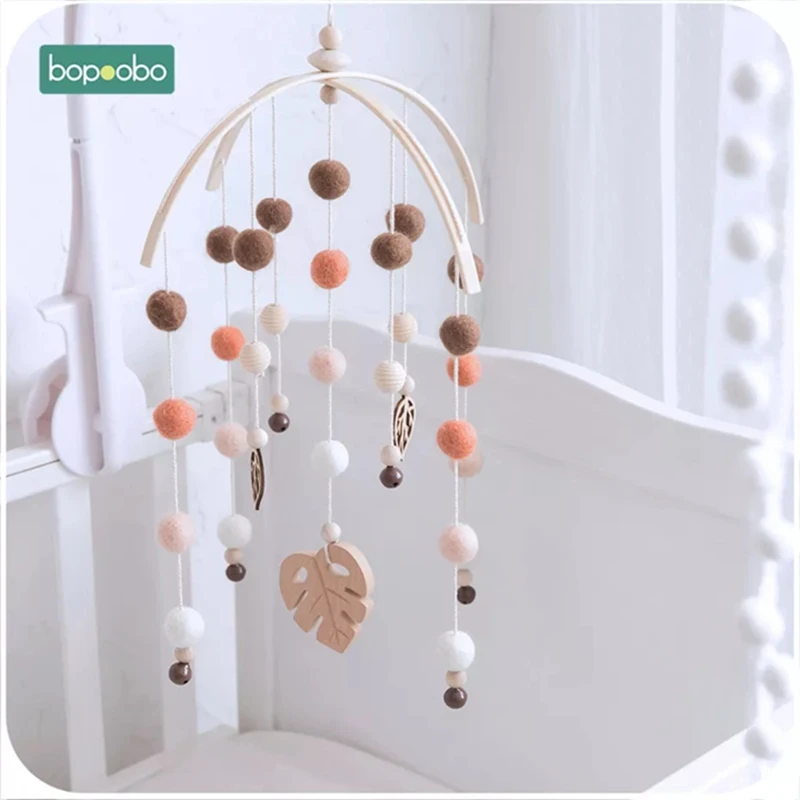 Bopoobo 1set Silicone Beads Baby Mobile Beech Wood Bird Rattles Wool Balls Kid Room Bed Hanging Decor Nursing Children Products