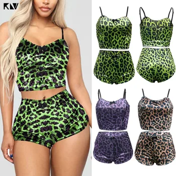 

Women Sexy Velvet Romper Outfits Shiny Leopard Printed Spaghetti Strap Sleeveless Crop Top High Waist Shorts Set Clubwear Pajama