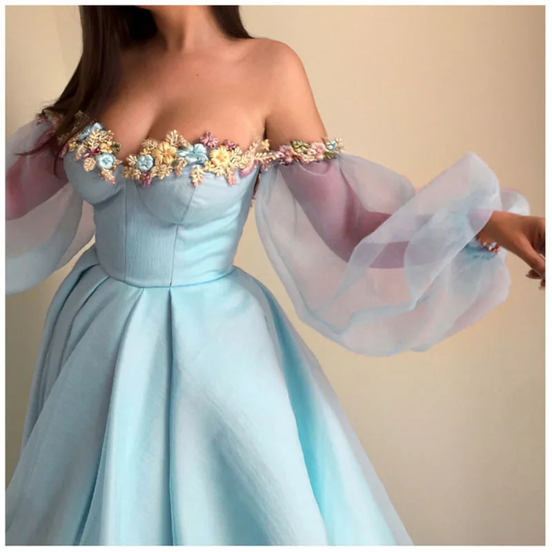 Вечернее платье с пышными рукавами; вечерние платья; Robe De Soiree; вечернее платье для выпускного вечера с объемным цветком; вечерние платья с открытыми плечами