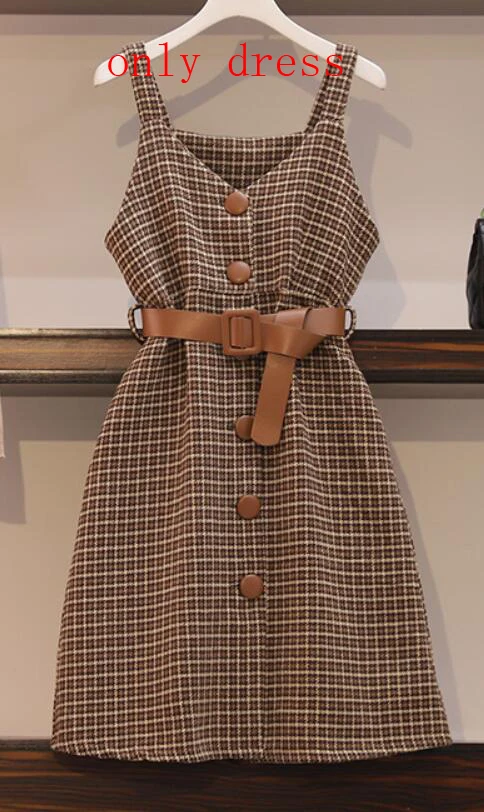 only dress Винтажное женское платье, Осень-зима, брендовый стильный комплект из двух предметов, вязаный свитер, топ и шерстяное клетчатое платье, женское элегантное платье для работы - Цвет: only dress