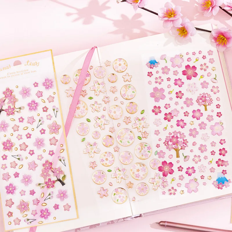 

Romantic Sakura Crystal Stickers 3D PVC about 15pcs/sheet Cute Stickers Planet Transparent Creative Decorative Sticker